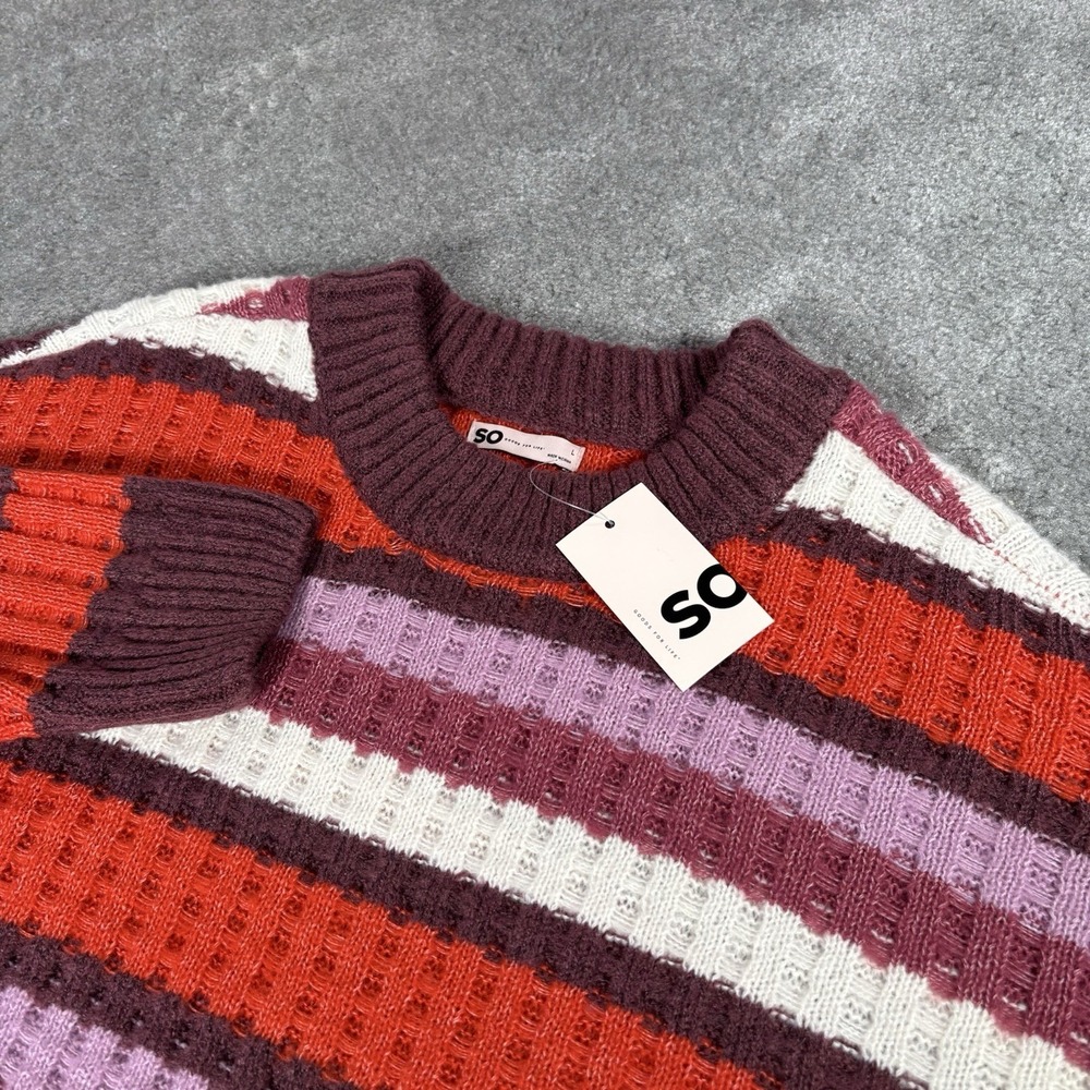 SO Sweater Womens Large Red Purple Striped Chunky Knit Crewneck Cottage Cozy NWT